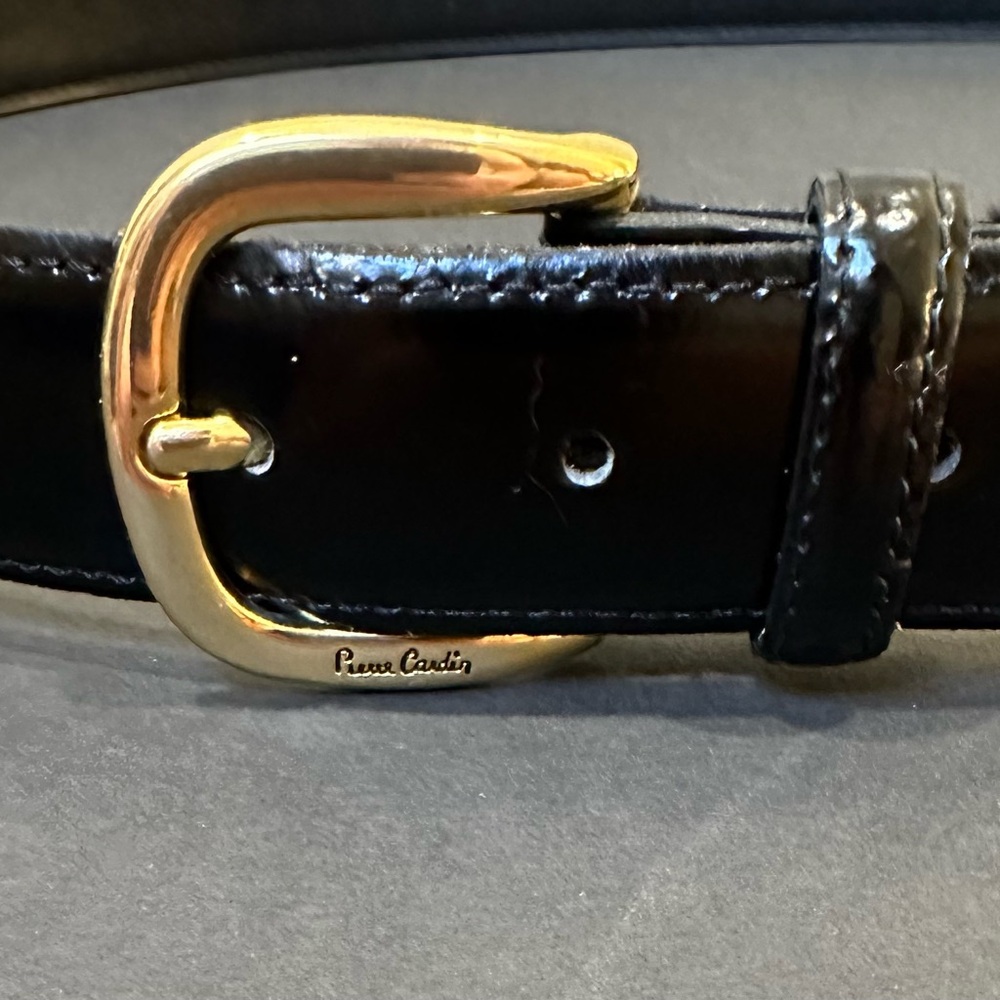 🌟HP🌟VTG 2000s Pierre Cardin Designer Black Leather Dress Belt Gold Buckle USA 39 - Picture 3 of 10